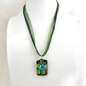 Art Glass Flower Pendant/Necklace w/Green Sheer Ribbon and Cord